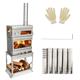 Wood Burning Stove with Oven and Rack - Camping Tent Stove with Chimney Pipe, Stainless Steel Hot Tent Stove for Outdoor, Cooking, Hiking Wood Burning Stove with Oven and Rack - Camping Tent Stove with Chimney Pipe, Stainless Steel Hot Tent Stove for Outdoor, Cooking, Hiking